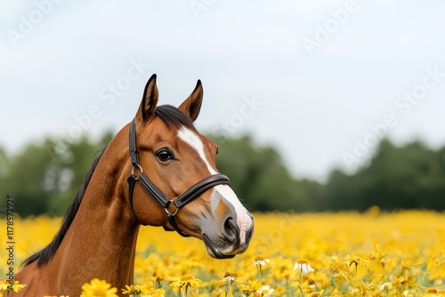 Horse in a field of sunflowers under a cloudy sky.