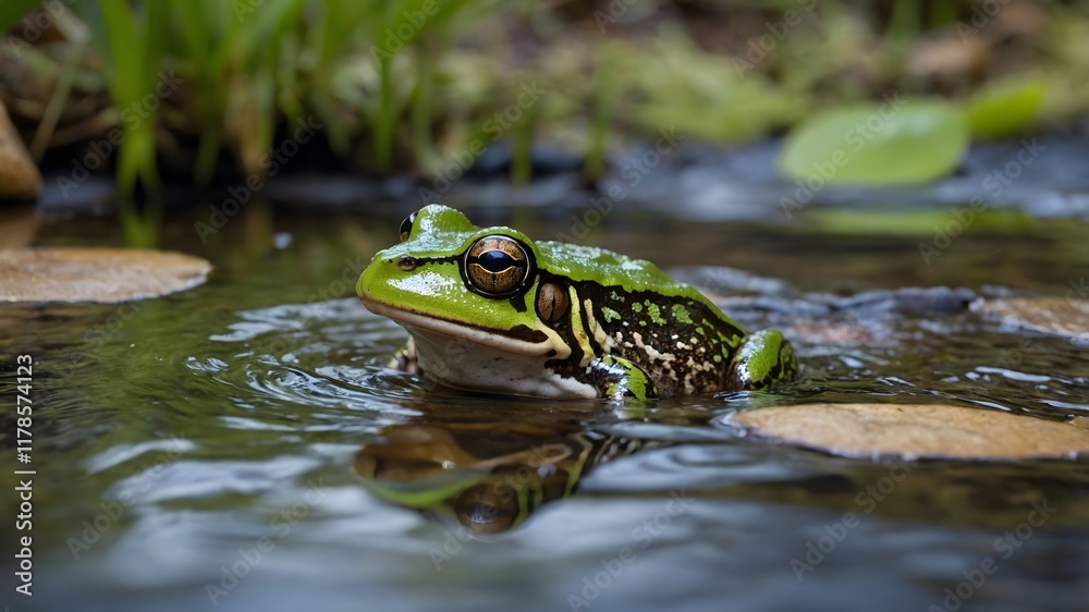 Vibrant Environment with an Eungella Torrent Frog Leaping Across a Stream Vibrant Environment with an Eungella Torrent Frog Leaping Across a Stream
