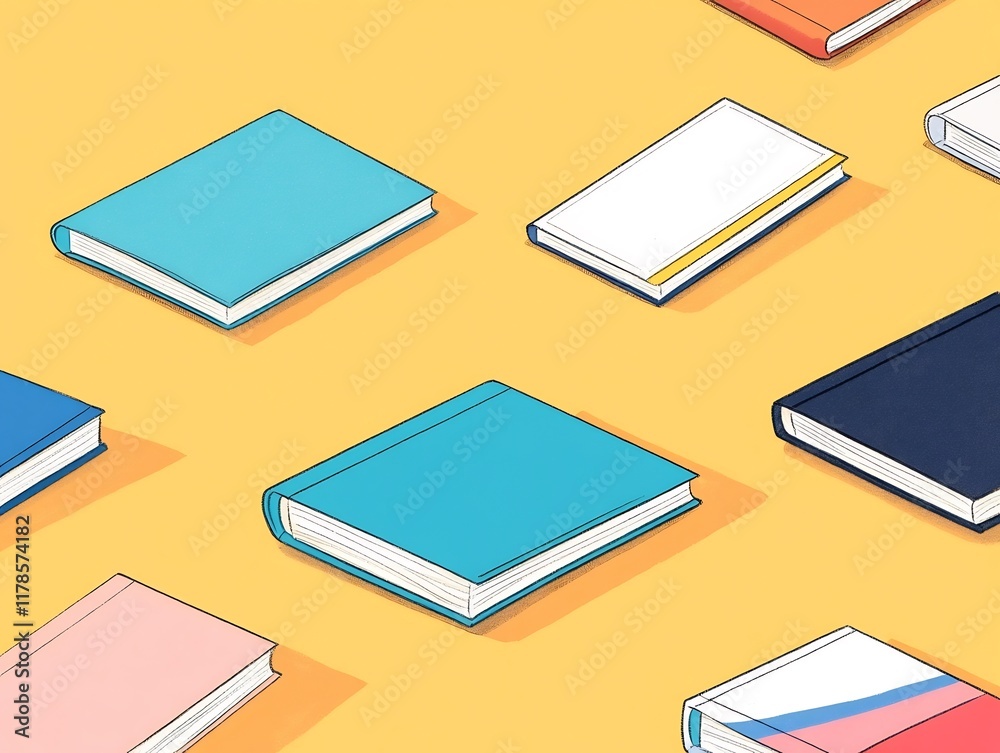 Fototapeta premium Vibrant Book Mockup Illustration: Colorful Covers on Yellow Background. AI Generated