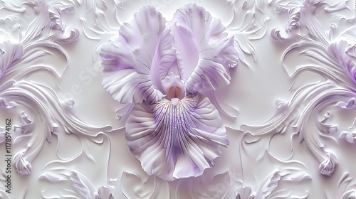 A delicate purple iris with intricate details on a white backdrop.