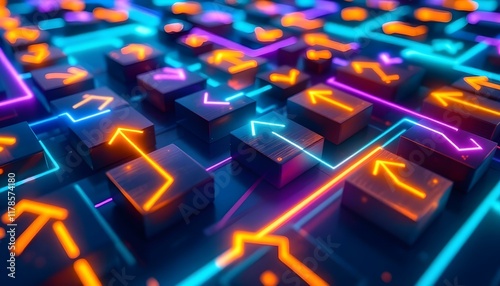 Futuristic background made of arrow blocks. Neon glowing lines on a blue background. High tech technology concept for banner. Bar graph columns made of neon bars symbolize economic strength and wealth