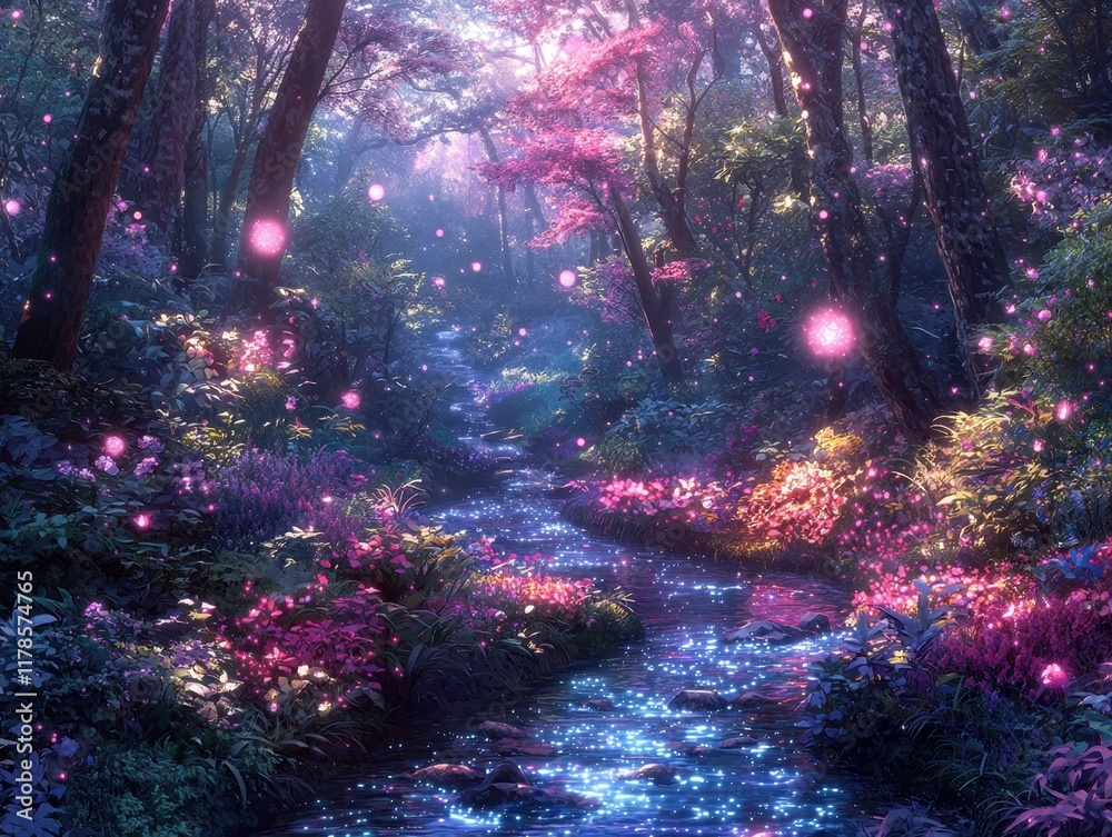 Fototapeta premium A magical river winding through a glowing valley filled with bioluminescent flora. Floating orbs of light hover above the riverbanks, blending harmoniously with the radiant colors of the landscape