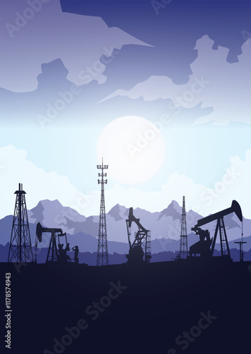 Oil pumpjack Vector, Silhouette of jack up drilling rig, illustration for background.