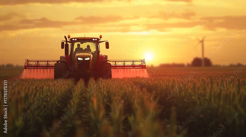 Tractor spraying crops at sunset. Tractor spraying crops at sunset.