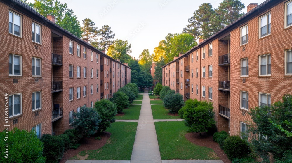 Mindfulness and meditation method, A serene view of brick apartment buildings lined along a green walkway, surrounded by trees and a peaceful atmosphere. Mindfulness and meditation method, A serene view of brick apartment buildings lined along a green walkway, surrounded by trees and a peaceful atmosphere.