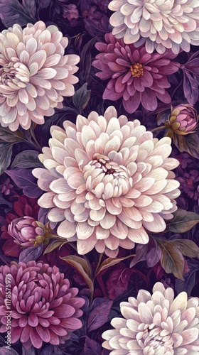 Stunning Purple and White Dahlias: A Close-Up View of Exquisite Blooms in a Dark Garden Setting