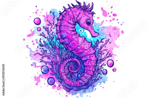 vibrant seahorse illustration with colorful splashes and coral photo