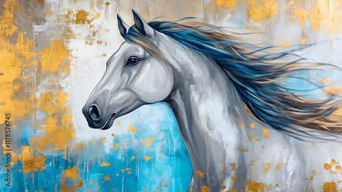 Abstract painting of majestic horse with gold leaf accents and blue, silver, and gold tones, horse, abstract, painting, oil. Majestic. Illustration photo