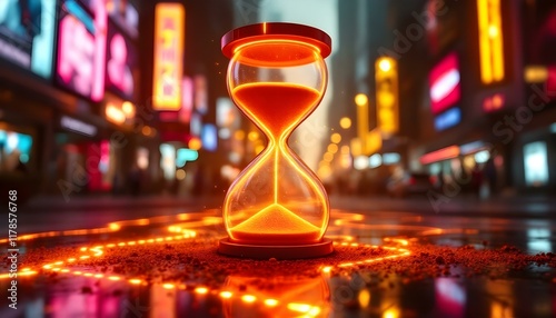 Glowing digital hourglass measuring flowing time on a futuristic background. Futuristic hourglass made of glass, glowing led-like background, abstract scene symbolizing time and technology.