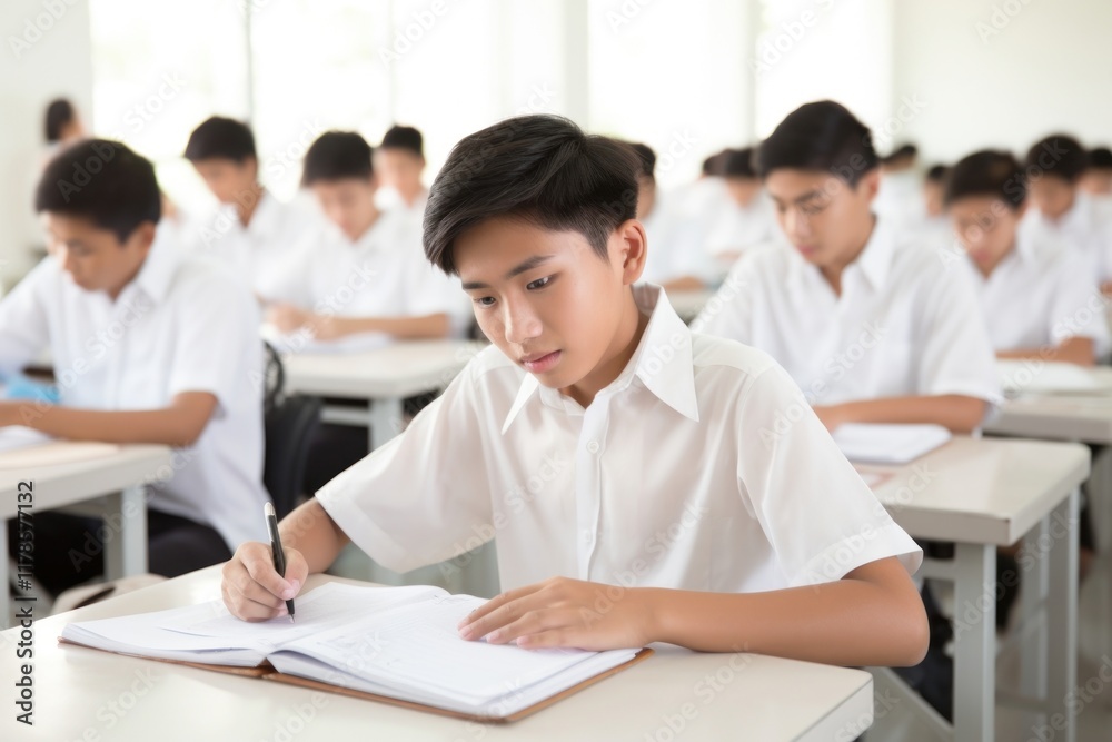 Teenage boys writing classroom student concentration. Teenage boys writing classroom student concentration.