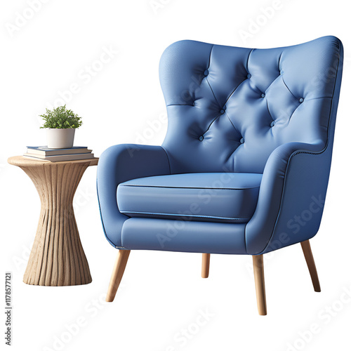 Stylish Mid-Century Blue Wingback Chair with Side Table