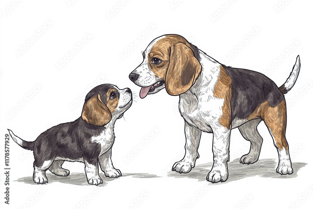Doodle illustration of Beagle dog and puppy, showcasing their bond Doodle illustration of Beagle dog and puppy, showcasing their bond