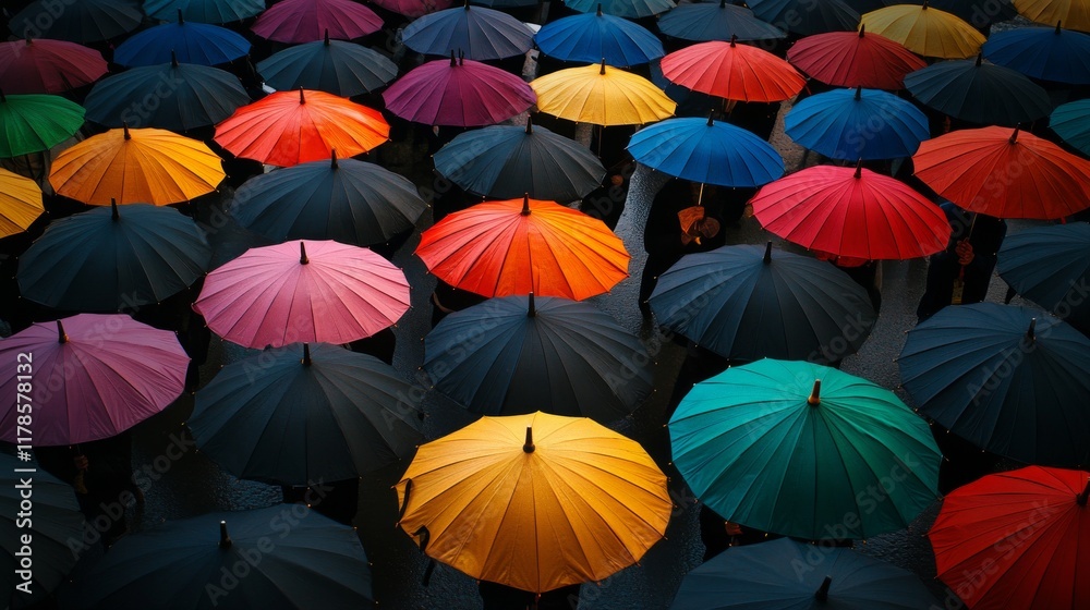 Obraz premium Rainbow umbrella standing out among black umbrellas, symbolizing individuality and creativity.
