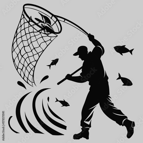 Fisherman catching fish by net silhouette vector design art and illustration