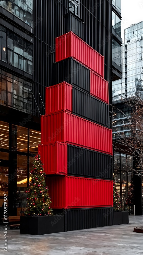 Fototapeta premium A red and black building with a christmas tree in front of it