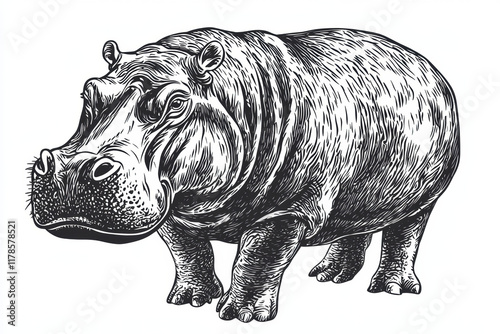 detailed illustration of hippopotamus black and white, showcasing its unique features and photo