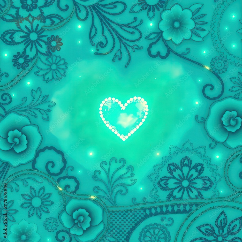 custom made wallpaper toronto digitalSparkling Heart on Turquoise Floral Background: A delicate heart, glowing with a soft, ethereal light, rests in the center of a vibrant turquoise floral pattern.
