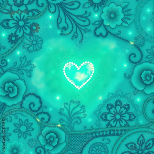 Wallpaper Mural Sparkling Heart on Turquoise Floral Background: A delicate heart, glowing with a soft, ethereal light, rests in the center of a vibrant turquoise floral pattern. Torontodigital.ca