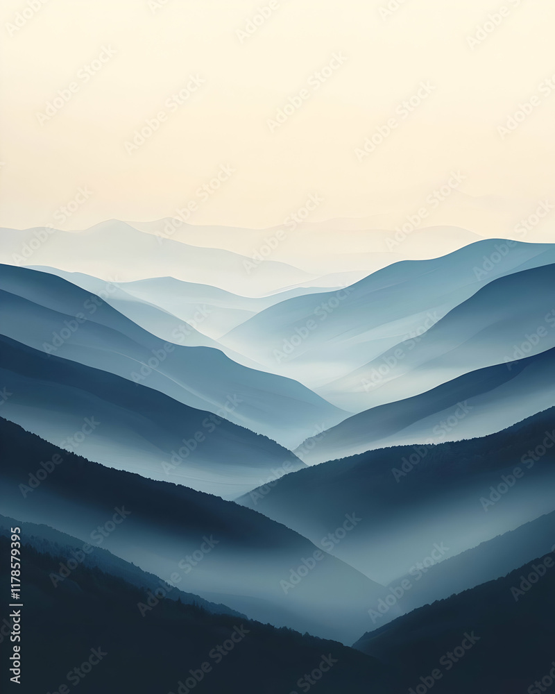 Obraz premium Misty Mountains: Serene Blue Hues at Dawn