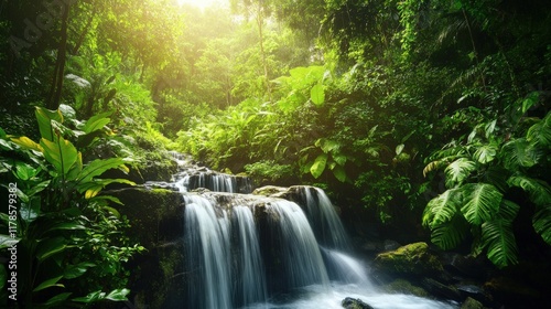 Lush Rainforest Waterfall Cascading Through Green Foliage