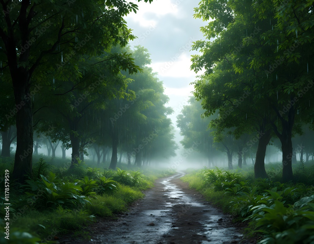 Obraz premium Rainy Forest Path: A Serene, Misty Digital Painting
