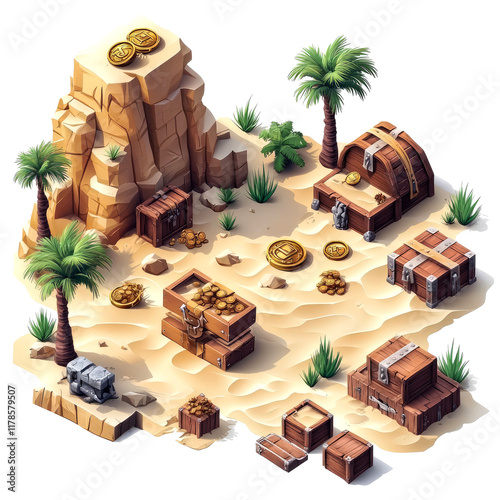 Hidden Island Treasure: A 3D Digital Art of Desert Island with Treasure Chests and Gold Coins