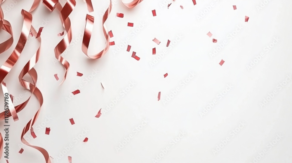 Festive Celebration Background with Rose Gold Streamers and Confetti on White Surface Perfect for Party Invitations, Announcements, or Creative Projects Festive Celebration Background with Rose Gold Streamers and Confetti on White Surface Perfect for Party Invitations, Announcements, or Creative Projects