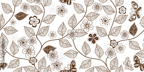 Two-color seamless pattern with hand drawm branches and leaves of cherry blossoms on a transparent background