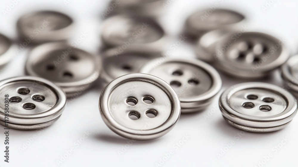 Close-up of scattered metallic buttons. Close-up of scattered metallic buttons.