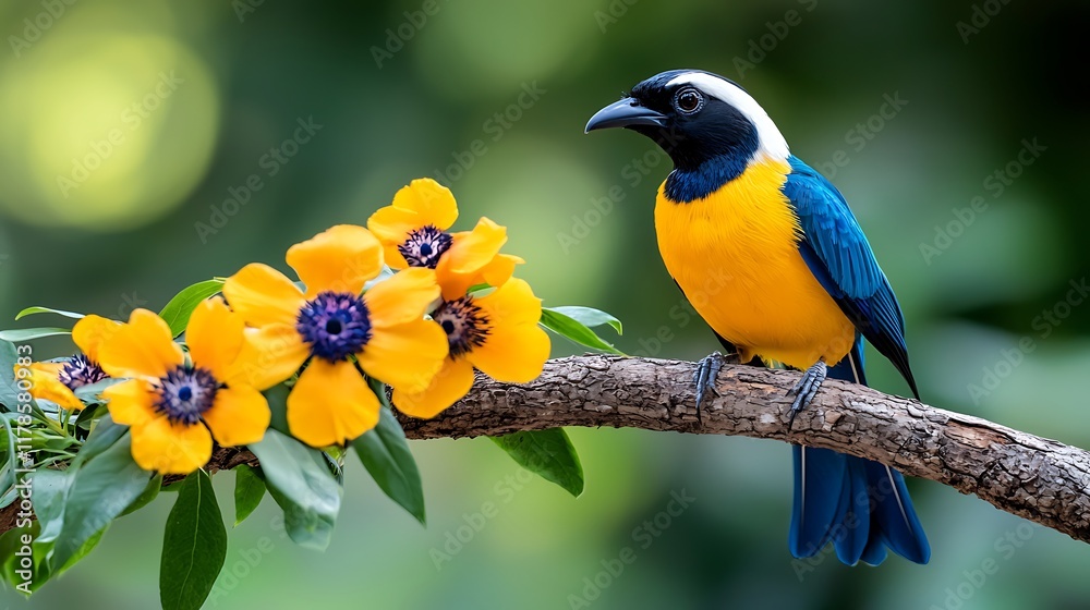 Vibrant yellow and blue bird perched on a branch beside bright yellow flowers with blurred green background. Vibrant yellow and blue bird perched on a branch beside bright yellow flowers with blurred green background.