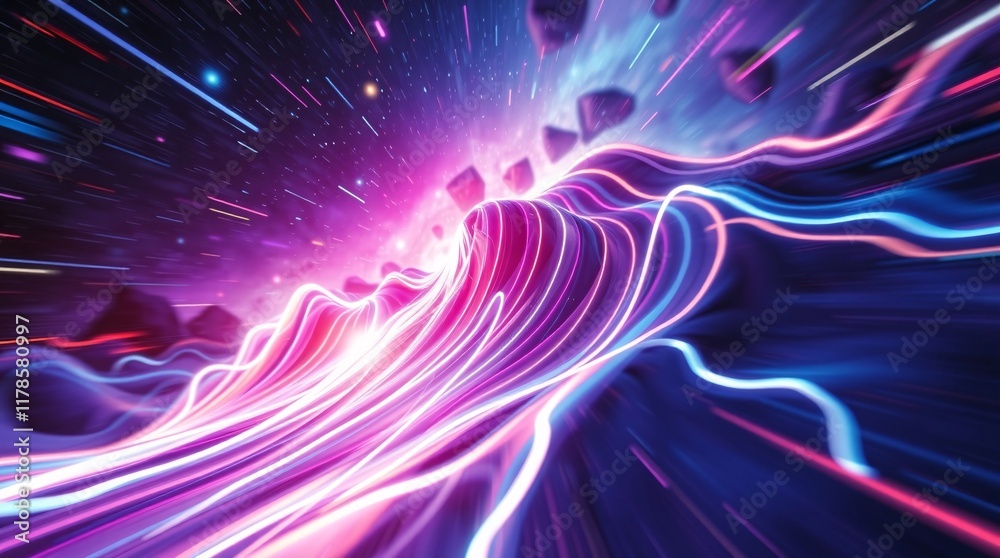 Glowing neon waves flow dynamically through a celestial space scene featuring cosmic elements like stars and asteroids, evoking innovation and futuristic themes Glowing neon waves flow dynamically through a celestial space scene featuring cosmic elements like stars and asteroids, evoking innovation and futuristic themes