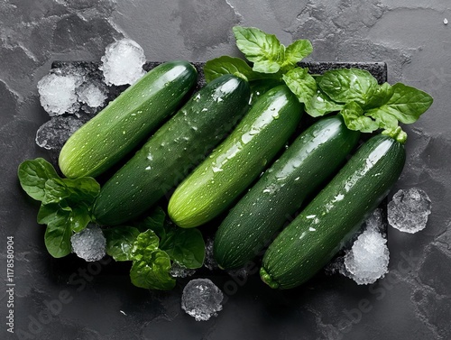 A bunch of zucchini sitting on top of ice on a table photo