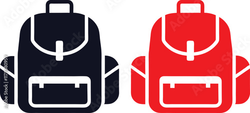 Minimalist backpack icons, red and black colors, simple geometric shapes, flat design, school supplies, luggage symbols, travel essentials, vector graphics, clean lines, contrasting colors, symmetrica