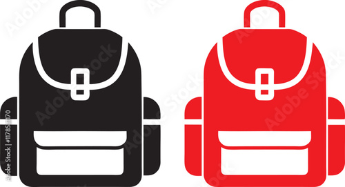 Minimalist backpack icons, red and black colors, simple geometric shapes, flat design, school supplies, luggage symbols, travel essentials, vector graphics, clean lines, contrasting colors, symmetrica