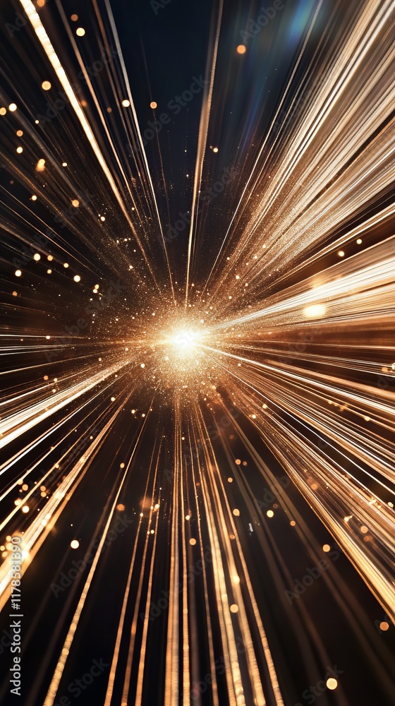 Obraz premium Abstract image of radiant light rays and sparkles in golden hues on a dark background, perfect for modern and futuristic designs.