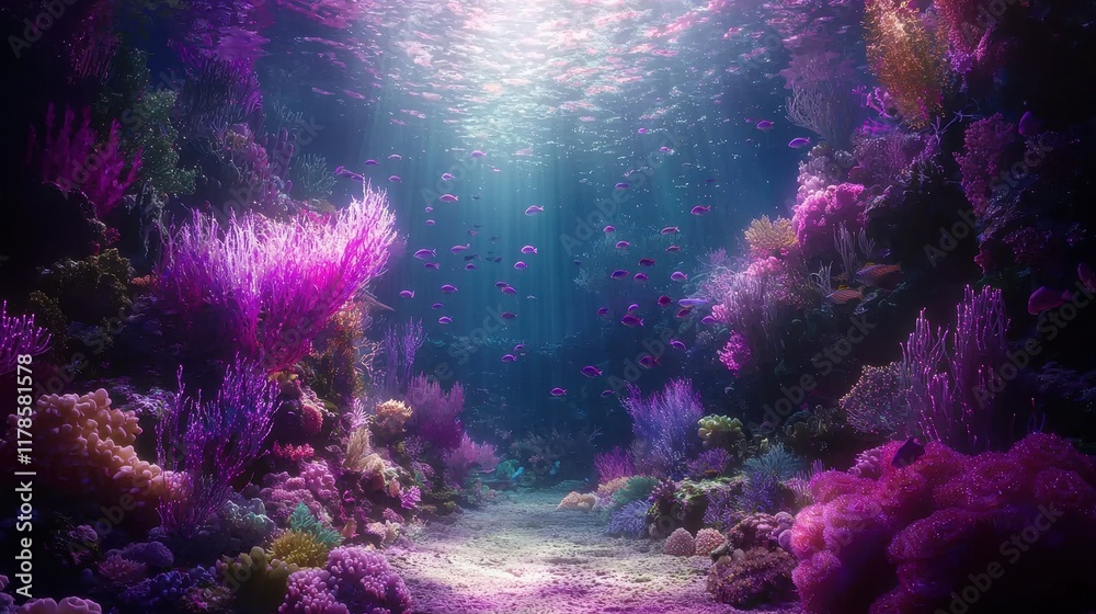 Naklejka premium A tranquil coral reef glowing softly under the twilight ocean. Schools of bioluminescent fish dart gracefully through the vibrant coral, their luminous forms creating mesmerizing trails of light.