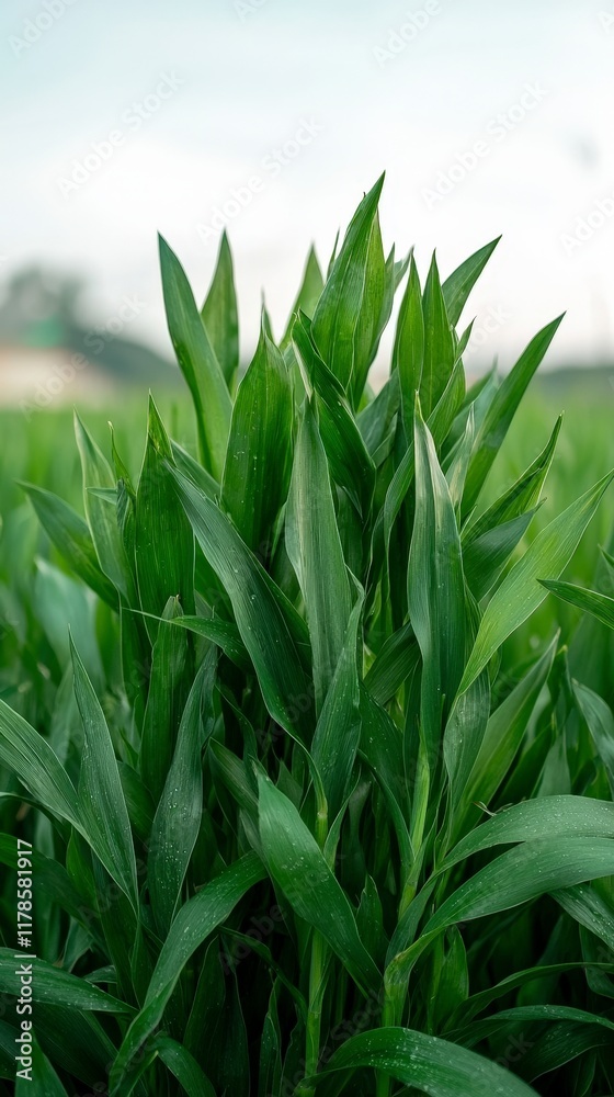 Fototapeta premium Lush Green Grass Blades Close Up Nature Spring Field Agriculture Plant Texture Foliag