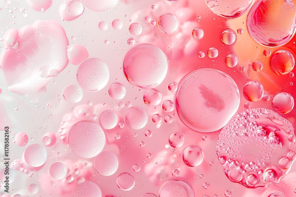 Abstract background with pink and red bubbles, water surface oil texture, pastel tones, flat lay composition. Abstract background with pink and red bubbles, water surface oil texture, pastel tones, flat lay composition.