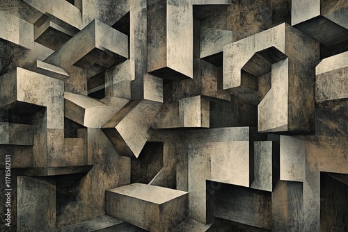 Abstract 3D cubes with textured surfaces in earthy tones, creating a dynamic and modern visual composition.
