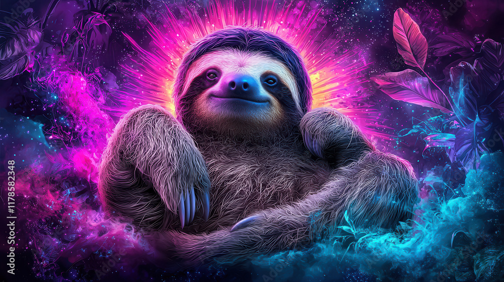 Naklejka premium sloth relaxing in vibrant sunburst, surrounded by colorful abstract elements, exuding peaceful vibe