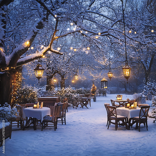 Charming outdoor winter cafe with rustic furniture, frosty tree branches, glowing lanterns, and a soft snow-covered ground under a twilight sky photo