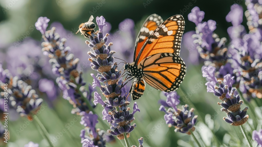 Monarch Butterfly and Bee on Lavender Blossoms Monarch Butterfly and Bee on Lavender Blossoms