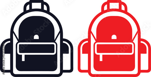 Minimalist backpack icons, red and black colors, simple geometric shapes, flat design, school supplies, luggage symbols, travel essentials, vector graphics, clean lines, contrasting colors, symmetrica