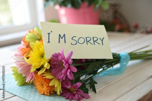 flower bouquet with sorry note. Apologize gift for couple