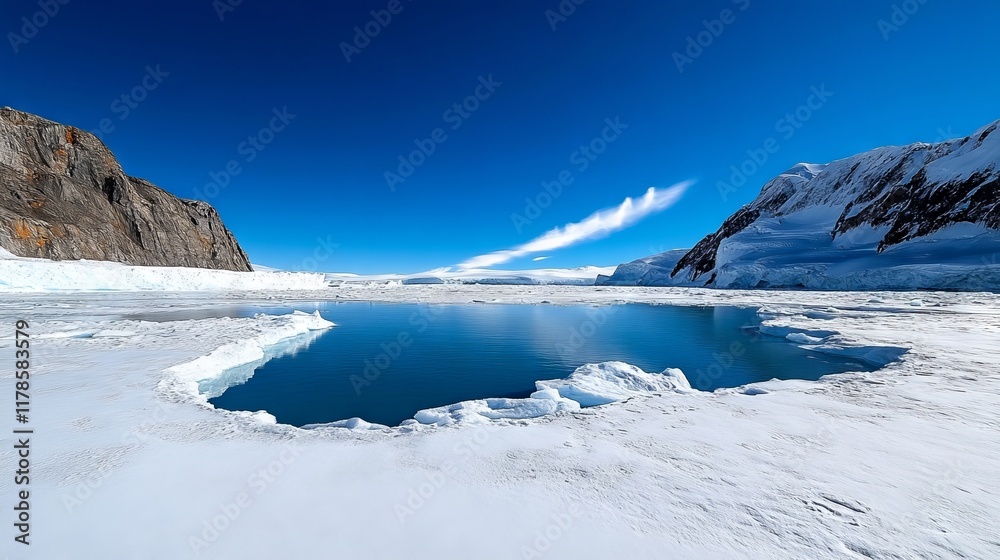 Obraz premium A small lake in the middle of a snow covered field