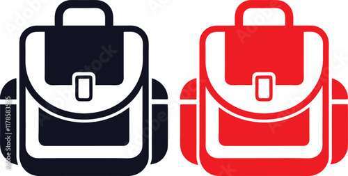 Minimalist backpack icons, red and black colors, simple geometric shapes, flat design, school supplies, luggage symbols, travel essentials, vector graphics, clean lines, contrasting colors, symmetrica