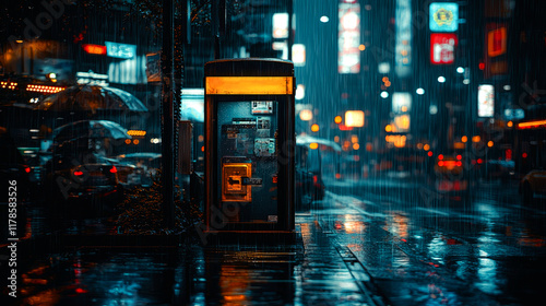 Rainy Night in the City: A captivating urban landscape photography of a rainy night scene in a bustling city, showcasing the vibrant city lights reflecting on the wet streets. photo