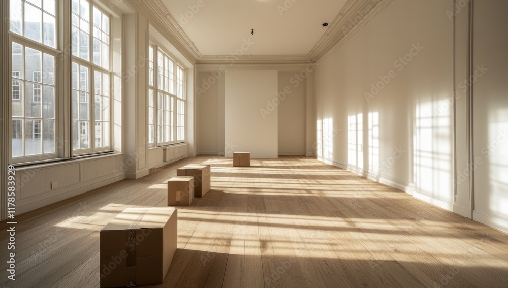 Obraz premium Sunlit empty room with cardboard boxes on hardwood floor.