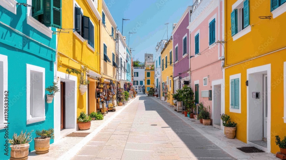 Mindfulness and meditation method, A vibrant street scene featuring colorful buildings in shades of yellow, blue, and pink, with a clear sky and potted plants lining the walkway. Mindfulness and meditation method, A vibrant street scene featuring colorful buildings in shades of yellow, blue, and pink, with a clear sky and potted plants lining the walkway.