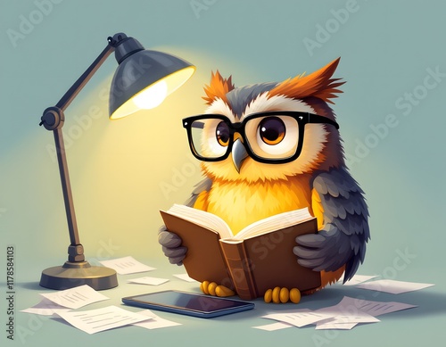 Wise Owl Reading Under a Desk Lamp: A Charming, Illustrated Scene photo